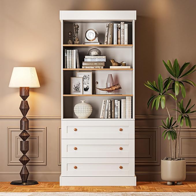71" Tall Farmhouse Kitchen Pantry, Large Storage Cabinet with Adjustable Shelves, 3 Drawer, Wood Versatile Hutch Cabinet for Dining Room, Living Room, White 4 PCS