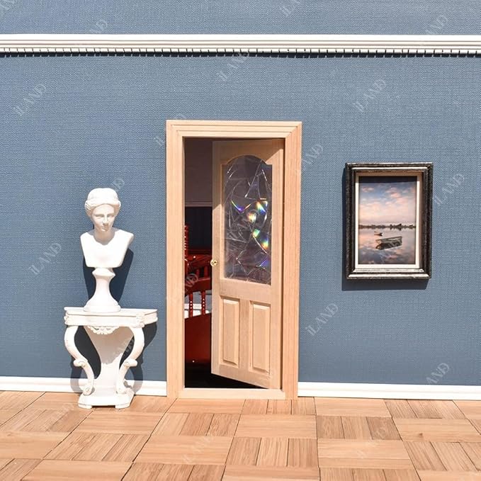 iLAND Dollhouse Door on 1:12 Scale, Miniature Door w/ 3D Windowpanes Reflecting Rainbow Light & Handles