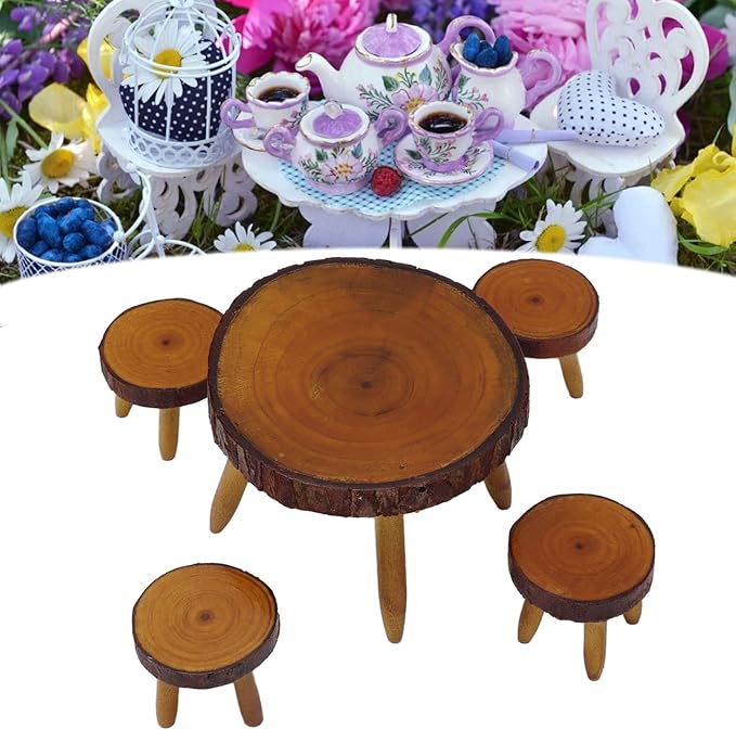 1:12 Scale Dollhouse Dining Table Set, Wooden Round Table & 4 Chairs Miniature Furniture for Dollhouse, Adult Collector Display