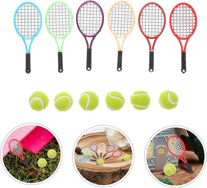 SUPVOX 6 Pcs Miniature Tennis Set, 1:12 Scale Dollhouse Sports Accessories with Rackets & Balls, Realistic Toy for Dolls, Room Decor, and Photography Props