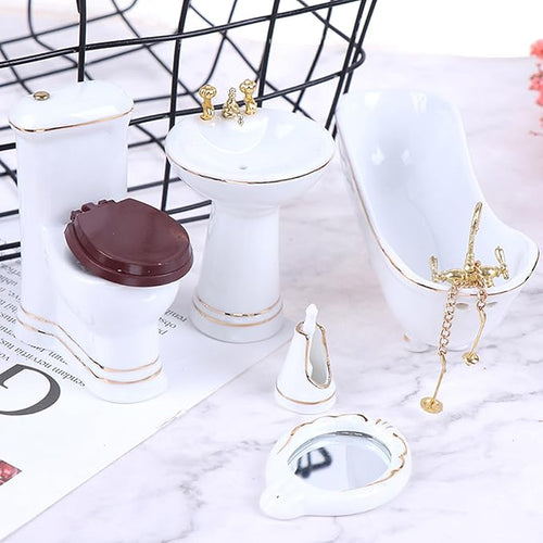 1:12 Dollhouse Miniature Porcelain Bathroom Set 5 PCS White Ceramic Toilet Basin Bathtub Mirror Miniature Furniture Doll Accessories for Bathroom Cake Topper Toy Fairy House Furniture Miniature Toys