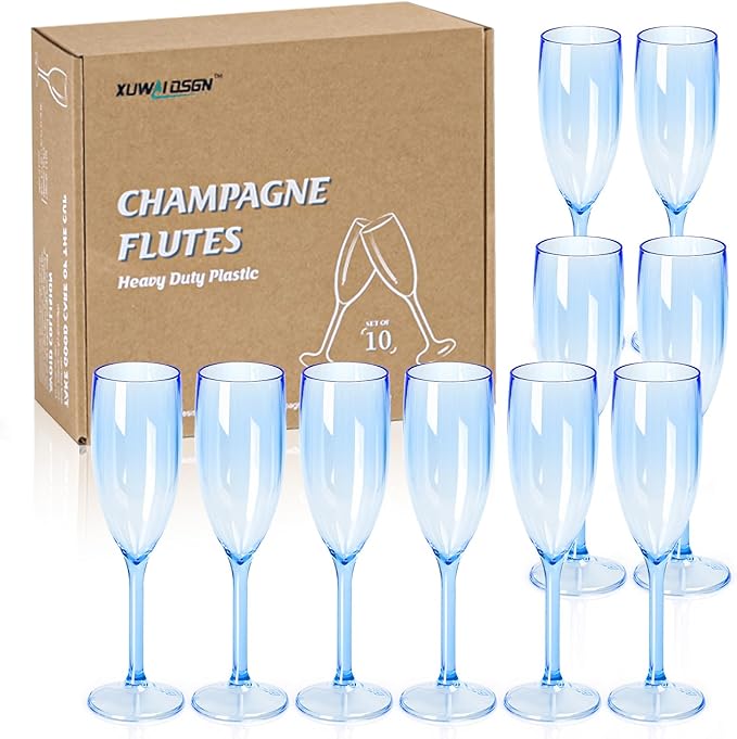 XUWAIDSGN 10 Pcs Reusable Champagne Flutes Plastic Wine Glasses Bulk Vintage Champagne Flutes Mimosa Bar Glasses Stemmed Drinking Cups 5.4OZ for Christmas Birthday Wedding Bride