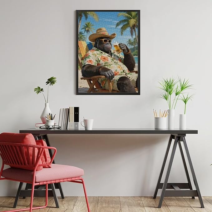 Summer Gorilla – 500 Piece Scenic Jungle Wooden Jigsaw Puzzle, Happy Summer Gorilla Scene, Mind Relaxation, Fun Hobby, Family Fun
