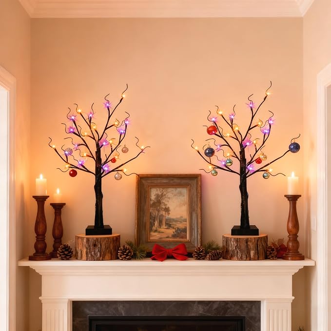 HipTree 2-Pack Lighted Halloween Christmas Fall Tree Decorations Indoor, 2ft Black Birch Tree with LED Lights, Small Tabletop Christmas tree with lights, Warm White Battery- Powered Fairy Light Spirit