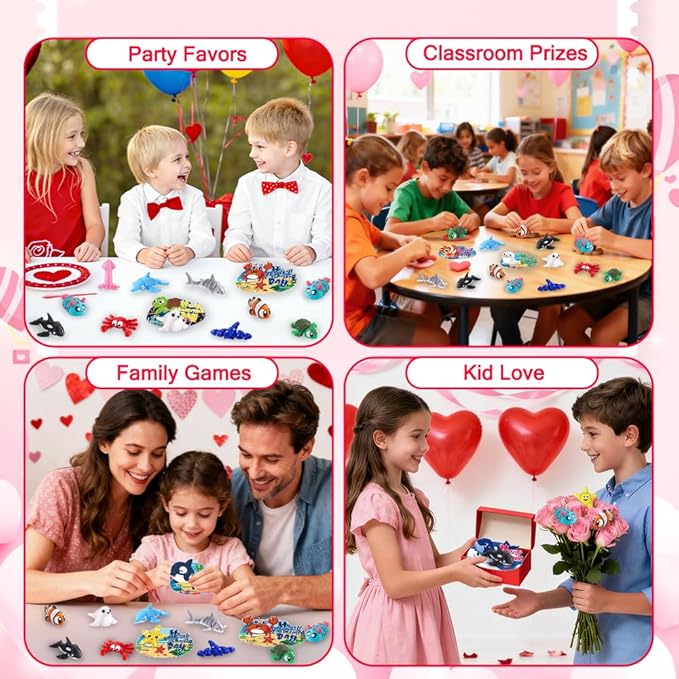 24pcs Valentines Day Gifts 3D Printed Ocean Animals Figurines with Valentine's Cards for Kids Boys Girls Valentine Day Party Favors Toys Classroom School Prize Rewards Gifts Exchange