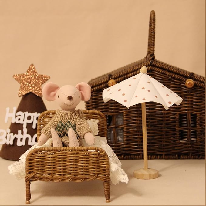 1:12 Dollhouse Furniture Bed, 1 Set Miniature Fairy Pastoral Style Brown Rattan Bed with Removable Lace Bedding, Modemn Bedroom Furniture Accessories Set