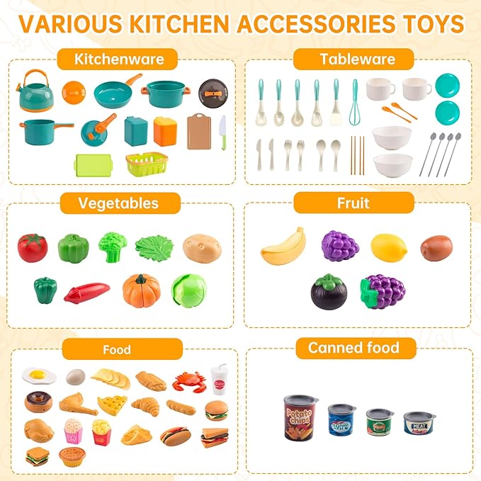 120Pcs Mini Play Kitchen Accessories, Kids Pretend Cooking Playset with Desserts, Cuttable Veggies & BBQ & Storage Basket, Educational Role-Play Gift for Toddlers, Child, Green