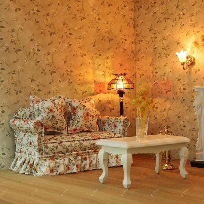 iLAND 1/12 Scale Accessories of Dollhouse Lights, Classic Miniature Lamp w/Plug for Dollhouse Decoration, Mosaic Lattice Floor Lamp w/Plug