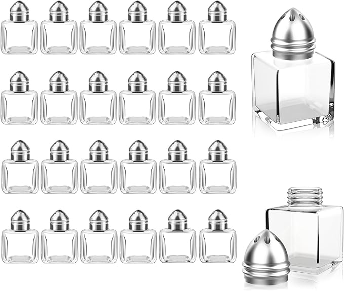 24 Pack Mini Salt and Pepper Shakers, 0.5 oz Glass Cube Shape Spice Shaker with Funnel, Seasoning Jars for Wedding Party Restaurant Home Kitchen (Silver)