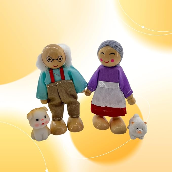 12 Pieces Wooden Dollhouse Family Set with Dog Cat Mini People Figures Dollhouse Dolls Wooden Doll Family Pretend Play Figures Accessories for Pretend Dollhouse(Style 2)