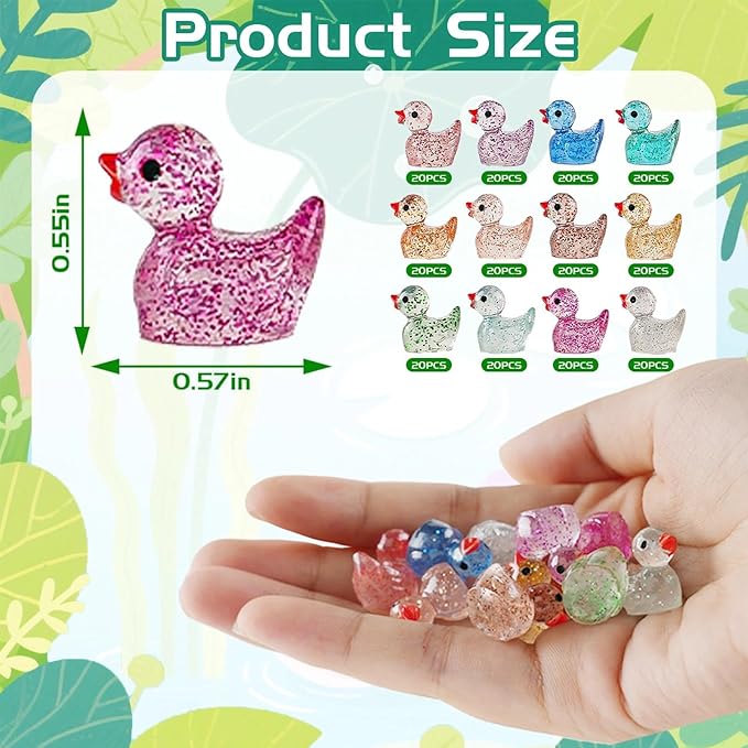 240pcs Mini Glitter Ducks Colorful Tiny Small Little Resin Duck for Dollhouse Fairy Garden Landscape Fish Tank Aquarium Decorations Animals Figures to Hide Miniature Cute Micro Prank Accessories