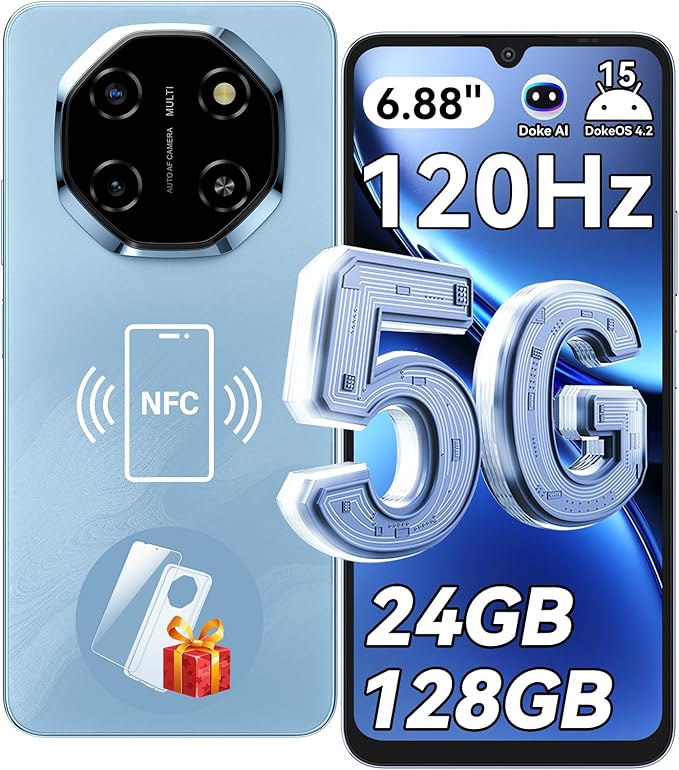 Blackview Shark 6 Unlocked Android Phones 5G (2025), Android 15 Cell Phone Unlocked, 6.88" 120Hz Display, 24GB+128GB/2TB, 16MP+8MP AI Camera, 5000mAh/18W,Fingerprint/Face ID,Dual SIM/GPS/OTG/NFC,Blue