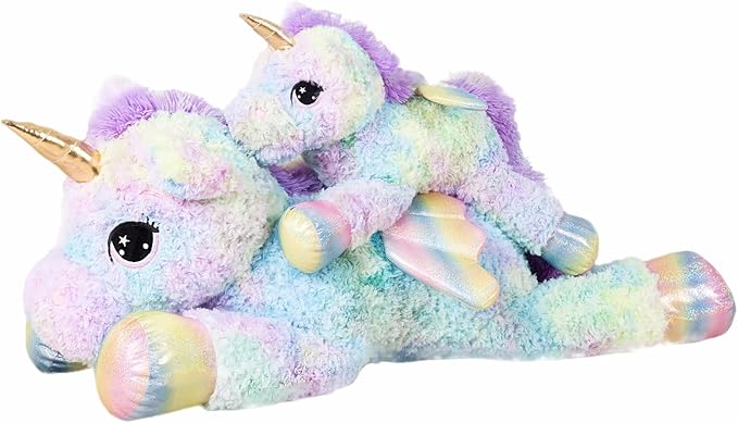 44 Inch Giant Rose Rainbow Unicorn Stuffed Animal Plush Toy with Wings Soft Cute Large Unicorn Plushies Animals Body Pillow Gift for Children Boy Girl Kids Birthday Valentine Room Decorations