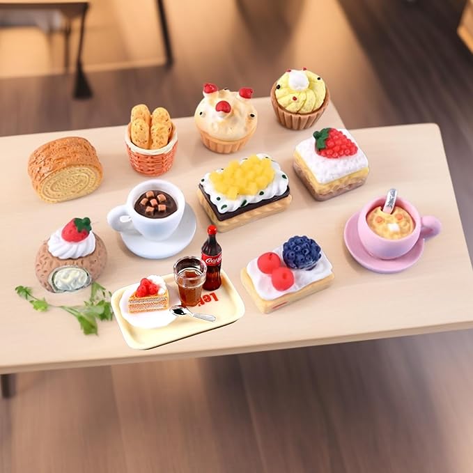 6-Piece Happy Afternoon Tea Miniature Set – Dollhouse Kitchen Accessories, Includes Tray, Soda, Cake, Plate, Spoon, Perfect for Pretend Play, Miniature Food Set for Dollhouses and Play Kitchens