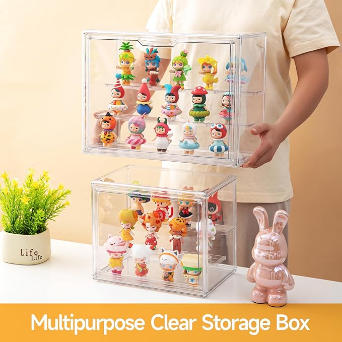 2 Pack Acrylic Display Cases for Collectibles, Clear Display Case for Figures, 3 Tier Display Shelf Boxes Miniature Display Case, Dustproof and Stackable Action Figure Display Cases (2, Large)