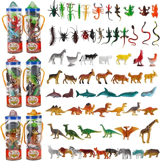 6 PACK Small Animal Figures Toys, 78 Pieces Realistic Mini Dinosaur Insect Sea Farm Reptile Wild Jungle Zoo Plastic Little Creatures Playset, Cake Topper Party Favors for Kids, Toddlers