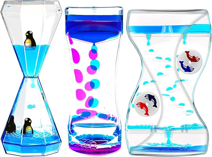 OCTTN Sensory Liquid Motion Bubbler Timers Set for Kids and Adults, 3 Pack Hourglass Different Shapes for Desk Décor Office, Sensory Play Toy