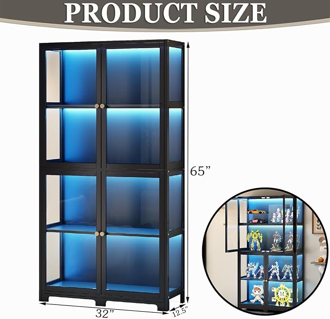 Display Cabinet with Acrylic Doors, 4-Tier Curio Display Case, Transparent Bamboo Curio Display Case for Figures, Storage Cabinet for Collectibles, Bedroom, Office, Playroom