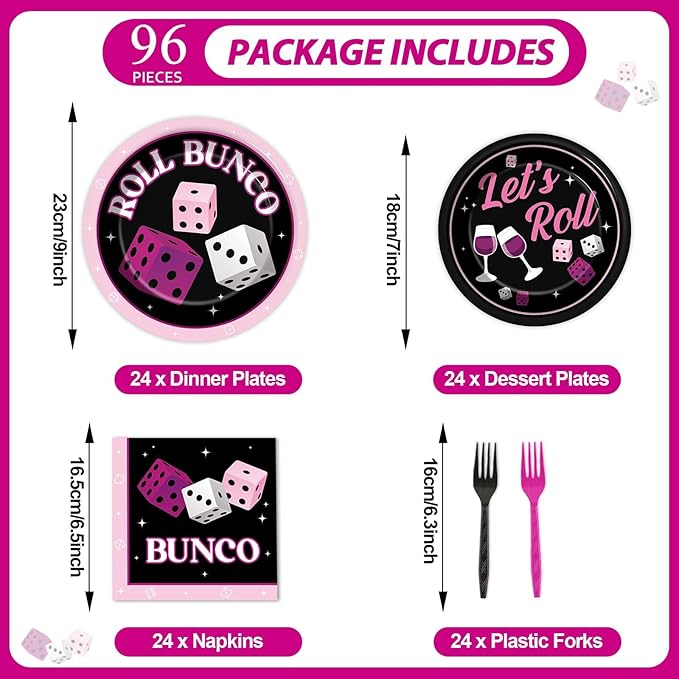 96Pcs Bunco Party Decorations Card Game Themed Tableware Pink Black Bunco Plates Napkins Forks And Napkins Let’s Roll Dinnerware Casino Night Bachelorette Party Supplies for Birthday Serves 24 Guests