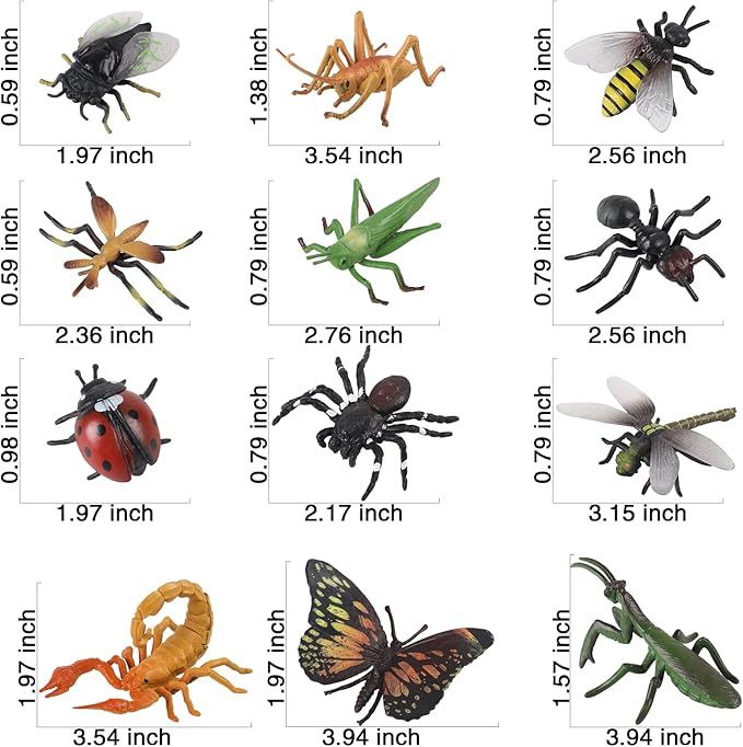 12 PCS Fake Bug Toys for Kids, Plastic Bugs Animal Figures Halloween Party Favor Cake Topper Insect Figurines