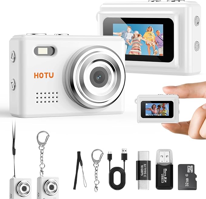 HOTU Mini Keychain Camera, Y2K Portable Mini Digital Camera, 2MP 1080P Video Recording Small Camera with 32GB Card for Kids, Long Battery Life for Travel, Vlog, White