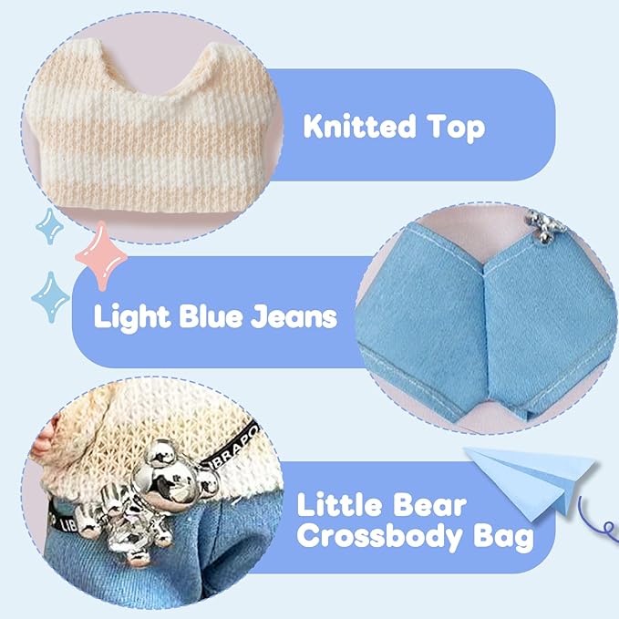 17cm Doll Clothes(NO Doll), Cute Dolls Outfit Accessories with Sweater + Denim Jeans + Pants, Small Kawaii Clothes Set for Dolls(Style 4)