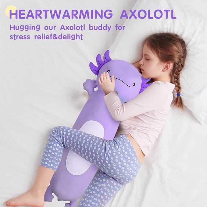 36 inch Cute Giant Purple Axolotl Plush Soft Body Pillow, Large Squishy Plushies Axolotl Stuffed Animals Toy, Gifts for Kids Boys Girls Birthday, Halloween, Christmas