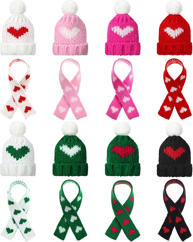 Geyoga 16 Pcs Mini Knit Doll Hat Valentines Day Small Santa Hat for Craft Winter Mini Snowman Hats and Scarf Tree Ornaments Snow Stripe Heart Wine Bottle DIY Decor Gifts