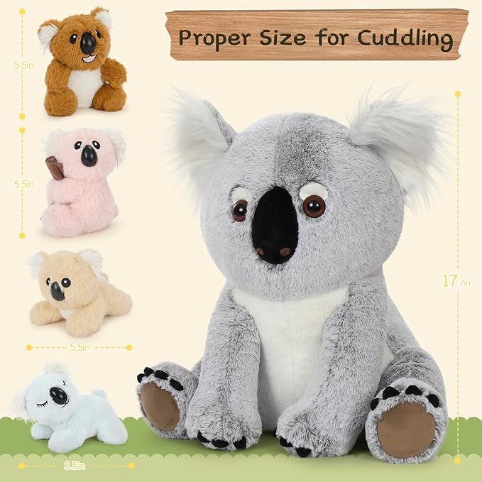 5Pcs Koala Bear Stuffed Animal 17.7 Inch, Mom Koala Plush Toy with 4 Adorable Babies Plushies in Zippered Back, Christmas Birthday Gift for Kids Boys Girls, Room Forest Party Decor