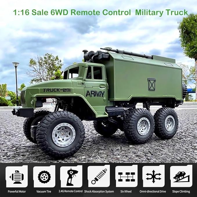 Remote Control Car, RC Military Truck 1:16 Scale Military Command Vehicle with LED Light 6WD Off-Road Crawler All Terrain Toy Car for Teen Adults