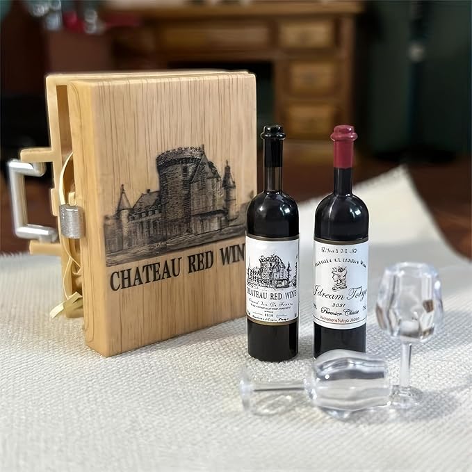 Miniature Red Wine Set: 1/12 Scale Wine Box, Bottles & Glasses for Dollhouse Food Accessories