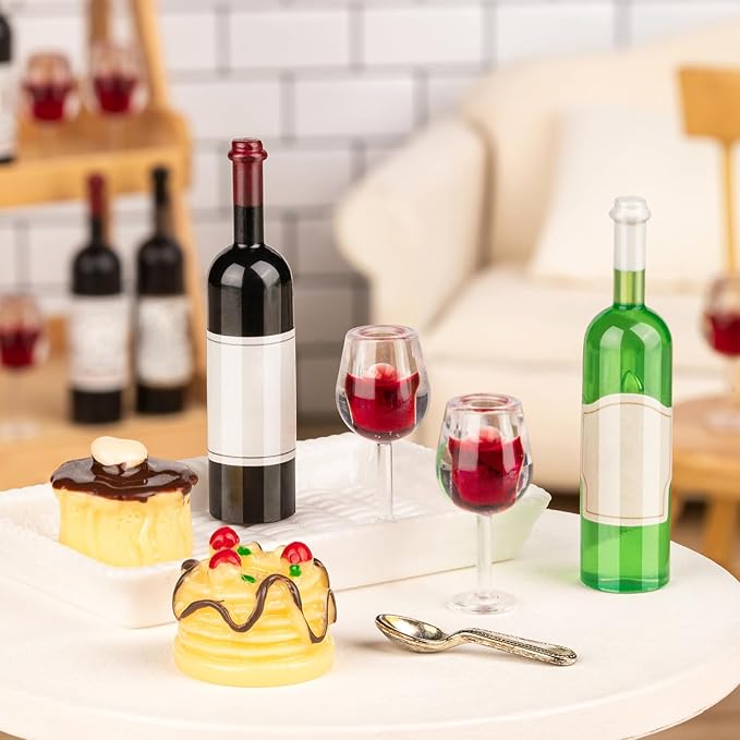 48Pcs Mini Wine Bottles, 1:12 Scale Miniature Red Wine Bottle, Dollhouse Miniature Bottles, Mini Cocktail Glasses Drink Cups for Dollhouse Kitchen Decoration Accessories