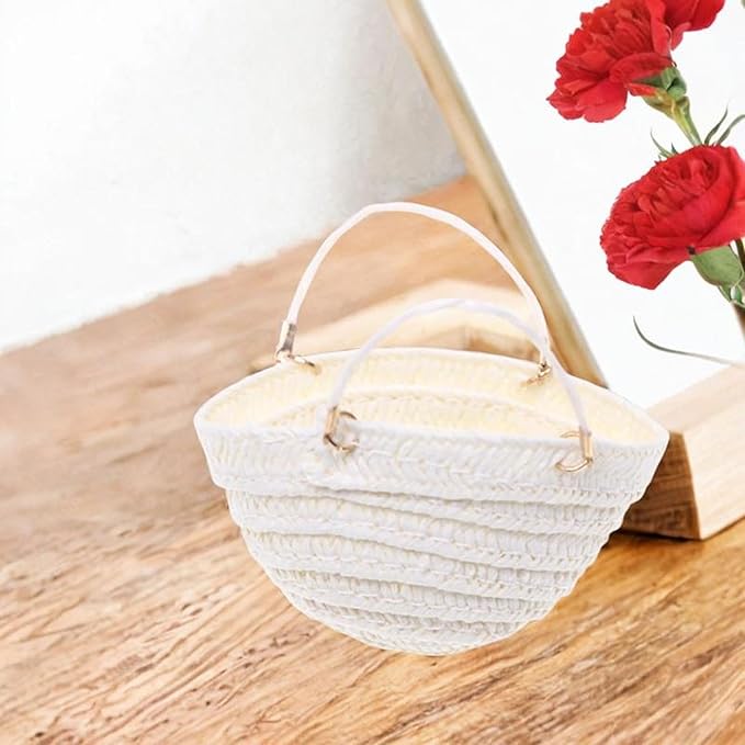 RCULWPLP 1/12 Scale Dollhouse Woven Handbag, Miniature Furniture Accessory, DIY Play Item, Tiny Basket, White