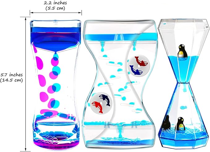 OCTTN Sensory Liquid Motion Bubbler Timers Set for Kids and Adults, 3 Pack Hourglass Different Shapes for Desk Décor Office, Sensory Play Toy