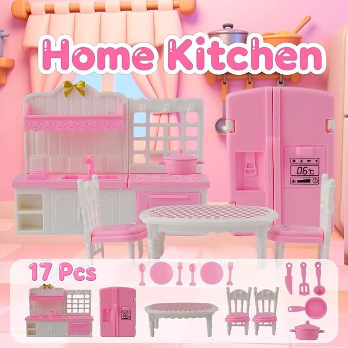 46Pcs Dollhouse Furniture Accessories Set Mini House Furniture Small Dollhouse Miniature Furniture Pretend Play House 1:12 Mini Kitchen Bedroom Livingroom Bathroom Tiny Toy Boy Girl Kid Toddler