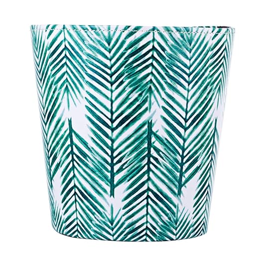 Scakbyer Paper Wastebasket Without Lid PU Leather Round Decorative Trash Bin Garbage Can Dustbin for Hotel Dormitory Kitchen Bedroom Bathroom Office Green Leaves