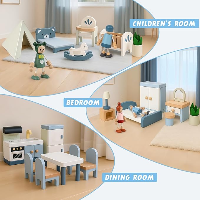 Wooden Dollhouse Furniture Set, Sanlebi Doll House Accessories and Furniture, Miniature Furniture Including 5 Room Kits, Pretend Play Toy Gift for Boys Girls Toddler 3+