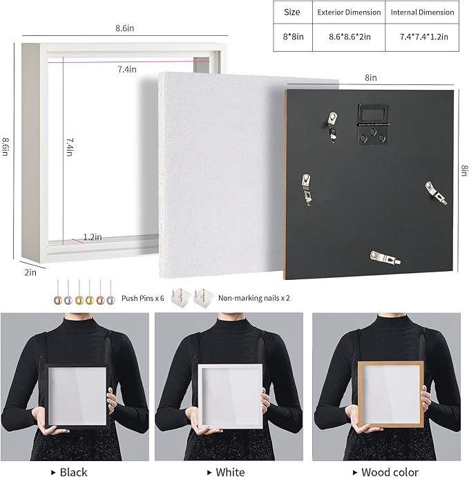 8x8 Shadow Box Picture Frame Display Case with Soft Linen Back-Thickened Panel,Small White Deep Square Shadow Memory Box Frame 8x8 fo Flower Pet Wedding Photo Craft Memorial Gift