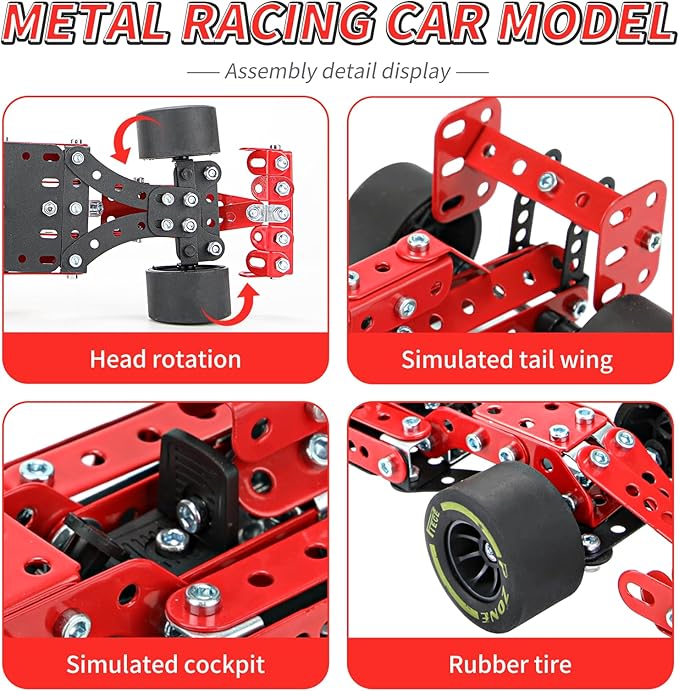 BESTYMXY Building Kit Car Model, 1:20 Scale Race Car Metal Model STEM Project Building, Assembly Toy Set STEM Projects Toys for Boys 8-12, Red Vehicle DIY Assembly Metal Model