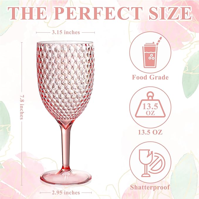 12Pcs Pink Plastic Wine Glasses 13.5oz Reusable Acrylic Wedding Goblets Toasting Glassware Unbreakable Wine Cups with Long Stem Crystal Drinking Glasses Champagne Flutes for Bar Restaurants Party