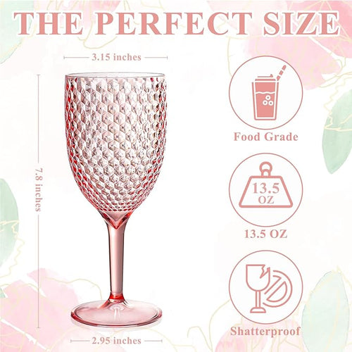 12Pcs Pink Plastic Wine Glasses 13.5oz Reusable Acrylic Wedding Goblets Toasting Glassware Unbreakable Wine Cups with Long Stem Crystal Drinking Glasses Champagne Flutes for Bar Restaurants Party