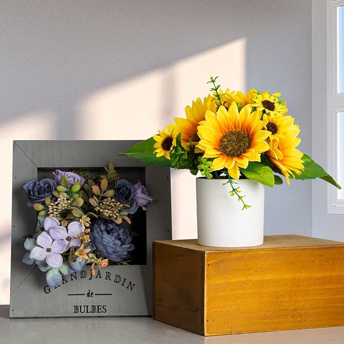 XONOR Artificial Flowers – 4Pcs Potted Mini Fake Sunflowers for Home Decor Party Wedding Office Patio Table Desk Decoration