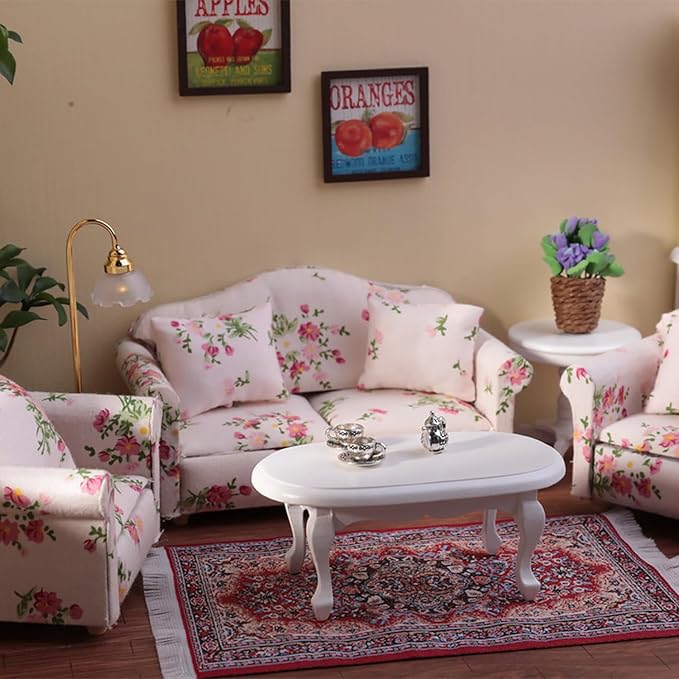 1:12 Dollhouse Couch Furniture Set, 16Pcs Wooden Miniature Sofa Set, Dollhouse White Fabric Printed Double & Single Sofa with Pillow and Living Room Accessories