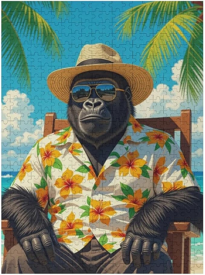 Summer Gorilla – 500 Piece Animal Wooden Jigsaw Puzzle, Cheerful Summer Gorilla Artwork, Mind Exercise, Fun Brain Activity, Stress Relief