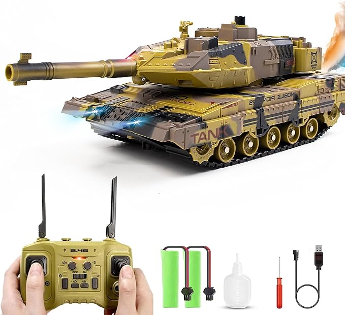 RC Tank - 2.4Ghz Remote Control Army Tank Toys with Auto Demo Sound Light Smoke - 13 Channel Military Vehicles Model Gift for Kids Adults Boys Age 6-8 9-12, Army Beige