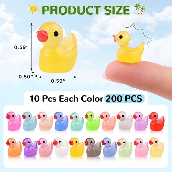 200PCS Mini Resin Animals Cute Tiny Ducks Glow in Dark,Miniature Duck Figures to Hide,Little Animal Small Figurines Bulk for Topper Desk Garden Dollhouse Landscape Ornaments DIY Crafts & Decor