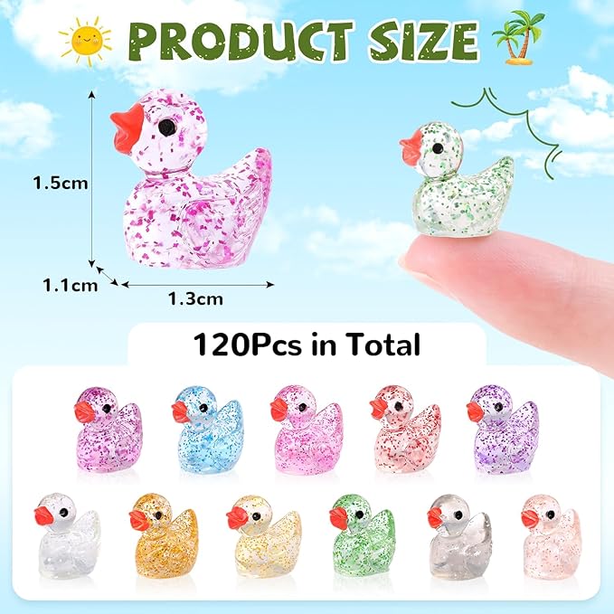 120PCS Mini Resin Animals Cute Colorful Glitter Tiny Ducks, Miniature Figures to Hide, Little Animal Accessories Bulk for Topper Garden Dollhouse Landscape Aquarium Ornaments DIY Crafts & Decor