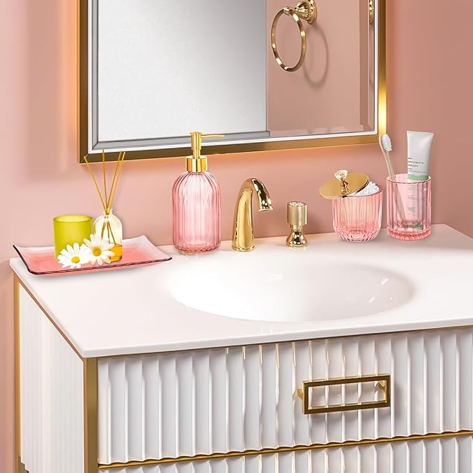 Pink Bathroom Accessories Set, 4Pcs Glass Bathroom Decor Complete with Lotion Soap Dispensers, Toothbrush Holder, Cotton Swab Jars, Vanity Tray, Cute Bathroom Essentials Gift for Girls