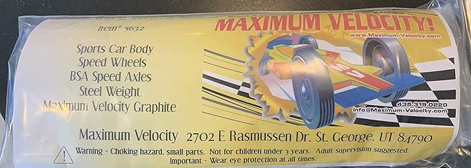 Maximum Velocity Pinewood Car Kit | Includes Unfinished CNC'd Body, Official Scout Speed Wheels, Speed Axles, Graphite & Steel Weight | Sports Car Derby Car Kit