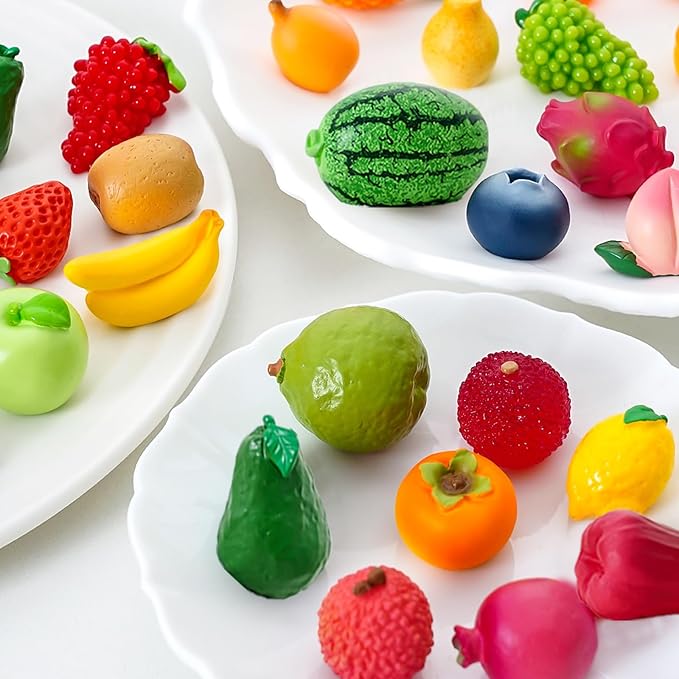 40Pcs Mini Resin Fruit, Miniature Fruits Figures, Fake Pineapple Strawberry Banana Lemon Peach Fruit Decorations for Mini Home Kitchen, Garden, Holiday Decoration, Cake Decoration
